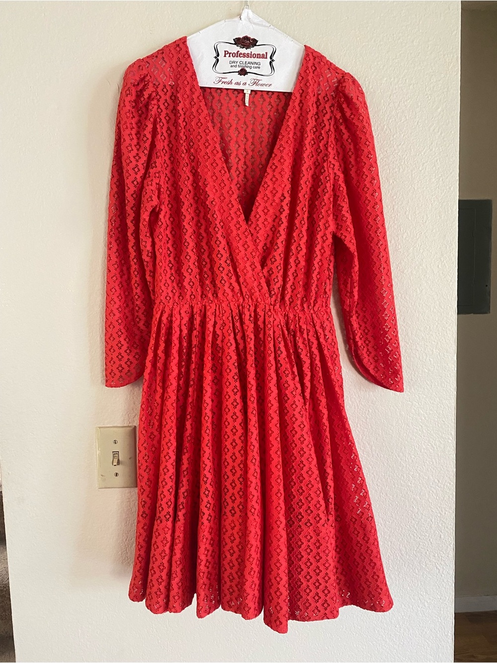 Maje Red Lace Long-Sleeve V-Neck Dress